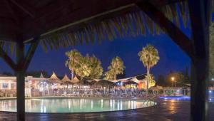 a pool at night with palm trees and umbrellas at L'Exellence in Fréjus
