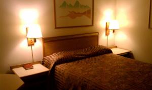 a hotel room with a bed and two lights on two tables at Colorado River Value Inn in Bullhead City