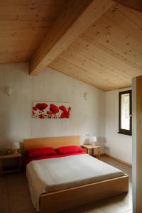 um quarto com uma cama grande e almofadas vermelhas em Valle del Lupo em San Ginesio