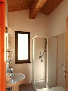 uma casa de banho com um chuveiro, um lavatório e um WC. em Valle del Lupo em San Ginesio