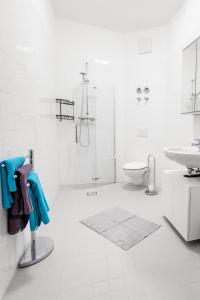 ein weißes Bad mit einer Dusche und einem Waschbecken in der Unterkunft Ferienwohnungen direkt am Werbellinsee in Joachimsthal