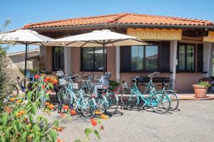 un gruppo di biciclette parcheggiate di fronte a un ristorante di Villaggio Il Girasole a Follonica