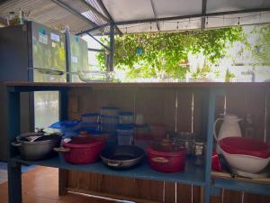 ein Regal mit Töpfen und Pfannen drauf in der Unterkunft Rooms & Pool Macaws in Uvita