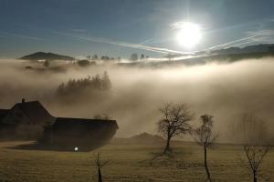 un champ brumeux avec une grange et le soleil dans le ciel dans l'établissement Ferienwohnung in Schwellbrunn, à Schwellbrunn