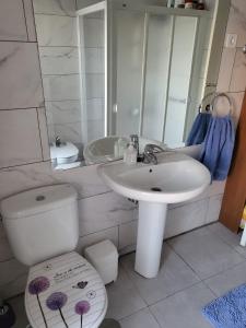 uma casa de banho com um lavatório, um WC e um espelho. em Casa Violeta em Aguadulce