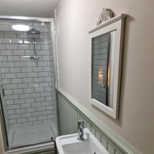 a bathroom with a sink and a shower with a mirror at Newditch Farm Accommodation in Bristol