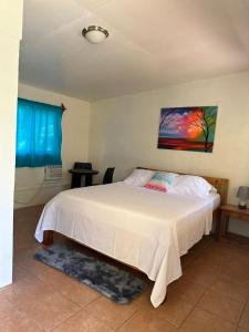a bedroom with a white bed with a painting on the wall at Sunshine Hotel Little Corn Island in Little Corn Island