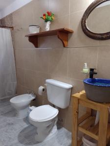 y baño con aseo, lavabo y espejo. en Villa- Alba en Carpintería