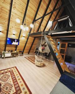 a living room with a loft with a tv at Cottage Sataplia in Kutaisi