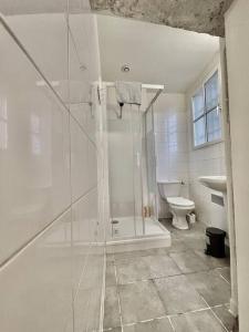 ein weißes Bad mit einer Dusche und einem WC in der Unterkunft * Au centre de la ville haute D * ZEN LOC 5 in Provins