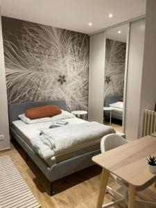 a bedroom with a bed and a table and a mirror at T5 COEUR DE VILLE in Besançon