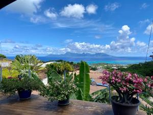 a view of the ocean from a balcony with flowers at Villa Green in Punaauia