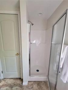 a bathroom with a shower and a glass door at Cute private Wooded Cabin near the big lake in Tafton