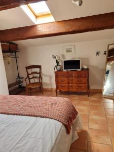 a bedroom with a bed and a tv on a dresser at La Chouette de Camargue in Aigues-Mortes