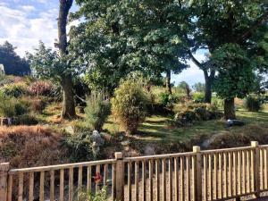 una recinzione in legno in un giardino con alberi e erba di Kingsford renovated old cottage a Wexford