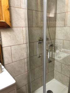 a shower with a glass door in a bathroom at Guest House Urlătoarei - Bușteni in Buşteni