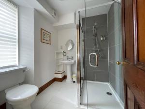 a bathroom with a shower and a toilet and a sink at Balloan Cottage in Dornoch +15 photos