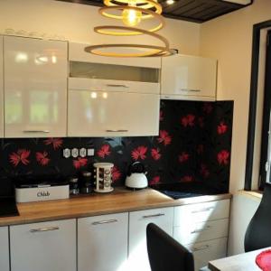 a kitchen with white cabinets and red flowers on the wall at Domki u Biesiady in Lesko +5 photos