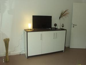 een televisie bovenop een kast in een kamer bij GWG City Apartments II in Halle an der Saale