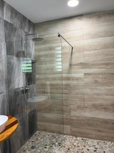 a bathroom with a glass shower and a sink at LA RESIDENCE DU ROCHER in Bourda