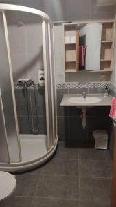 La salle de bains est pourvue d'une douche et d'un lavabo. dans l'établissement Pension Urola, à Zumarraga