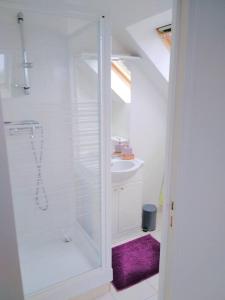 baño blanco con ducha y lavamanos en LE STUPLEX, en Troyes
