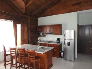 a kitchen with a stainless steel refrigerator and wooden cabinets at Hotel Campo Verde in Fortuna