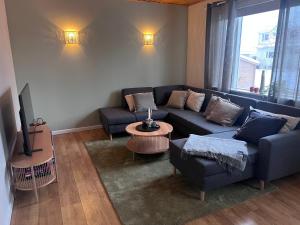 - un salon avec un canapé et une table dans l'établissement Akureyri apartments, à Akureyri