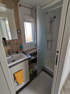 a small bathroom with a sink and a shower at Bonne anse plage in Les Mathes