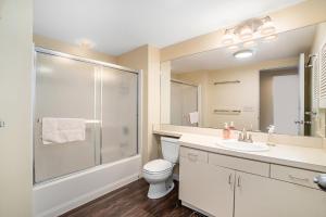 a bathroom with a shower and a toilet and a sink at South Beach 26 in Glen Arbor