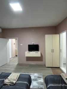 a living room with a flat screen tv on a wall at Apartments & Restaurant Despina in Prilep