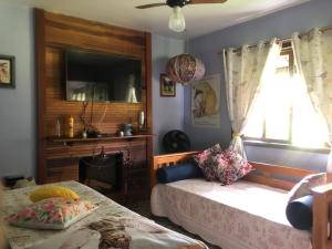 a bedroom with a bed and a tv and a window at Sítio Solar di Stella in Itatiaia