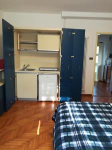 a room with a kitchen with blue cabinets and a bed at Falco Bianco in San Daniele del Friuli