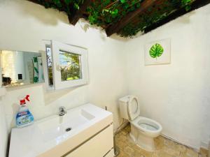 a white bathroom with a toilet and a sink at Poolside Wooden House in Moçarria