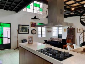 eine Küche und ein Wohnzimmer mit einem Kochfeld in der Unterkunft The orchid terrace in Mexiko-Stadt