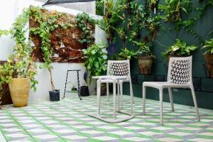 3 Stühle auf einem Fliesenboden mit Pflanzen in der Unterkunft The orchid terrace in Mexiko-Stadt