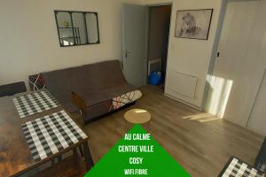 a living room with a couch and a table at Petit cocon Tarbais -wifi-parking in Tarbes