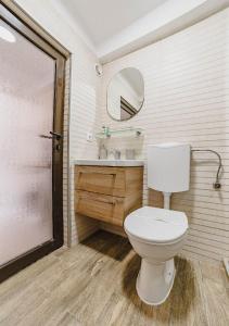 uma casa de banho com um WC, um lavatório e um espelho. em Republicii Premium em Braşov