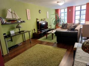 a living room with a couch and a tv at Fabricius apartman in Sopron