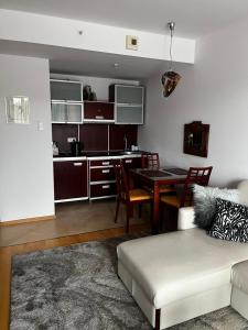 ヤスタルニャにあるAPARTAMENT 345 w Domu Zdrojowym - Jastarniaのリビングルーム、キッチン(テーブル、ソファ付)