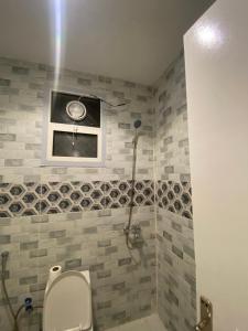 a bathroom with a shower with a toilet and a window at شقة غرفتين وصاله دخول ذاتي in Riyadh