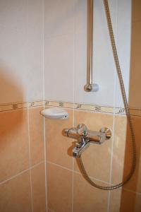 a shower with a shower head in a bathroom at Sári Apartman in Siófok