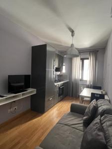 uma sala de estar com um sofá, uma televisão e uma cozinha em La Dolce Vita em Bovino