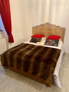 Cama con manta marrón y almohadas rojas en Chambre d'hôtes La Chouette, en Saint-Martin-du-Puy