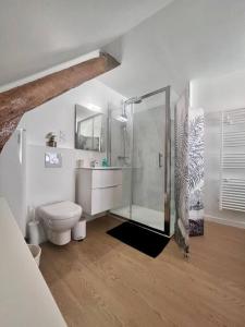 een witte badkamer met een douche en een toilet bij Casa Bondy - Sublime T2 Refait à Neuf - Hyper Centre de Brive in Brive-la-Gaillarde