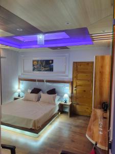 - une chambre avec un grand lit et un plafond violet dans l'établissement Shimla Abode, à Shimla