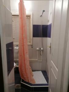 a bathroom with a shower with an orange shower curtain at STD Verice Đorđević in Kalna