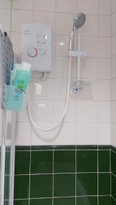 a shower in a bathroom with a green floor at HILLTOP PLACE SUITES , Parkway M1 J33 in High Hazels