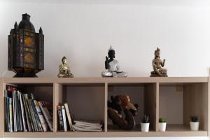 a shelf with statues and books on it at Domus Karalis in Cagliari
