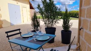 een blauwe tafel met borden, wijnglazen en potplanten bij LA MAISON DES VIGNES SAINT EMILION in Saint-Émilion